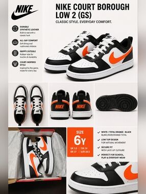Nike Kids Low-Top Sneakers in White, Orange & Black